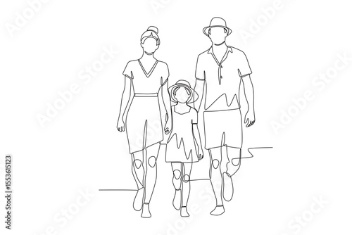 Family on vacation to the beach. Family relaxing concept one-line drawing