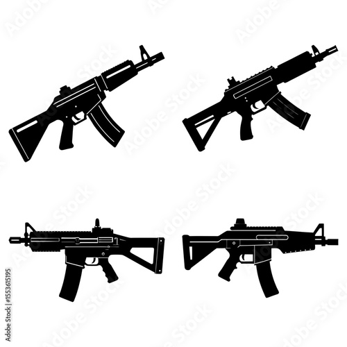 Four Black Silhouette Assault Rifle Icons; Military, Tactical, Weaponry Graphics