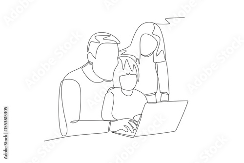 Family relaxing while playing on laptop. Family relaxing concept one-line drawing