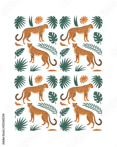 Seamless Pattern of Cheetahs with Tropical Leaves and Flowers, on White Background, Exotic Animal photo
