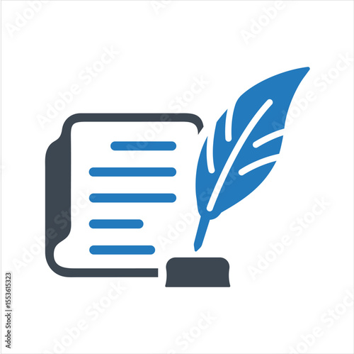 Quill pen writing on a book icon. Poetry solid icon