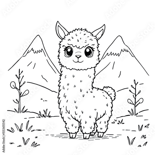 Cute Fluffy Baby Llama Standing In A Mountain Landscape Coloring Page For Kids