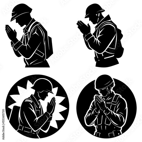 Soldiers in silhouette praying with respect and remembrance for fallen heroes