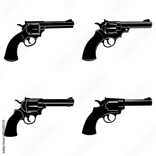 Four revolver pistols isolated on white background in silhouette style
