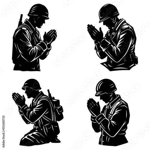 Silhouette of soldiers praying in solemn remembrance of fallen comrades