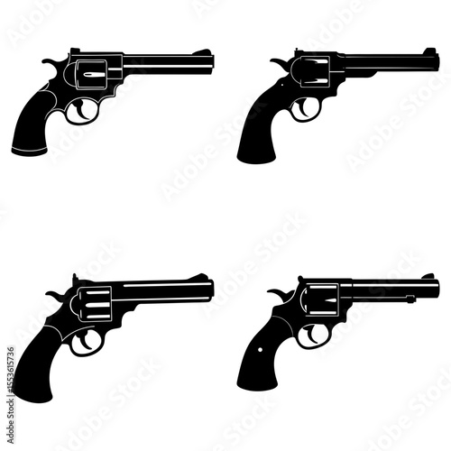 Four revolver pistols isolated on white background in a silhouette