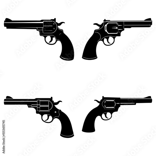 Four revolver pistols in silhouette style isolated on white background