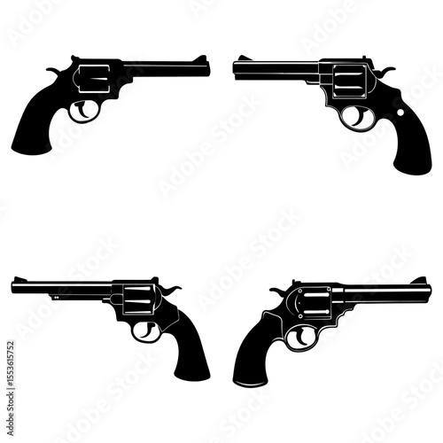 Four revolver pistols isolated on white background in silhouette style