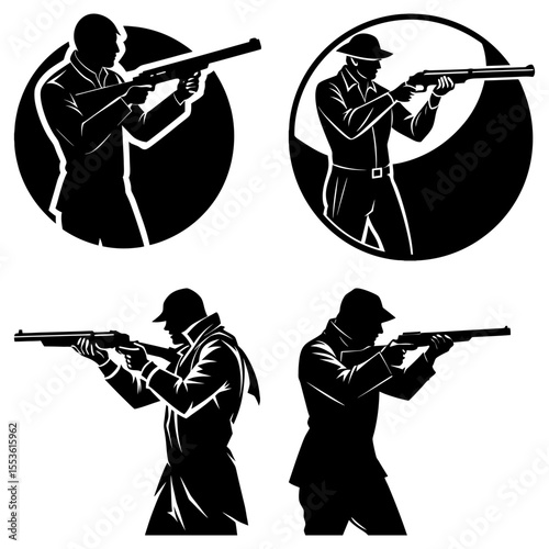 Silhouetted hunters aim shotguns in various poses and compositions