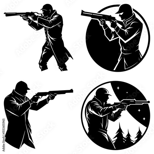 Silhouetted hunters with shotguns in various poses and backgrounds