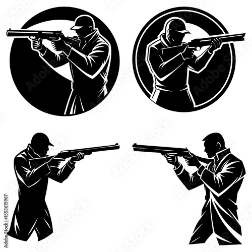 Silhouetted hunters aim shotguns in different poses and compositions