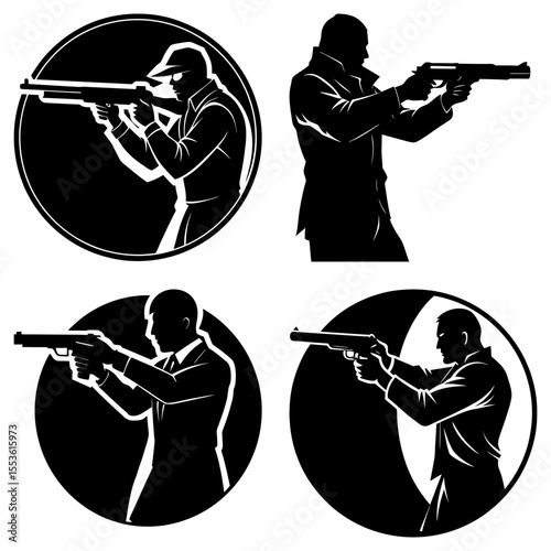 Silhouetted hunters aiming shotguns in various poses and compositions