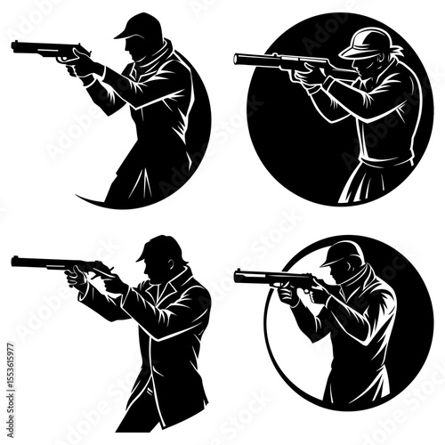 Silhouetted hunters aim shotguns in different poses and compositions