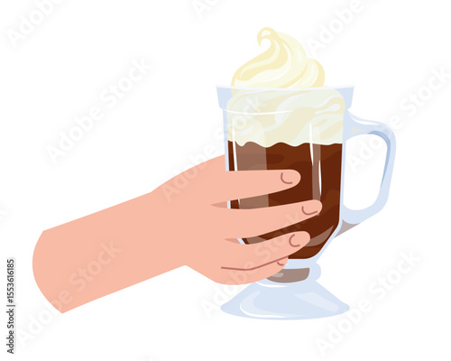Hand holding glass of Irish coffee with whipped cream. Cozy hot drink in transparent cup. Flat style vector illustration drawing for card, banner, poster, print and warm beverage design element.