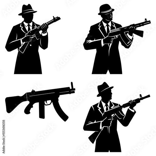 Silhouetted gangsters hold machine guns isolated on white background