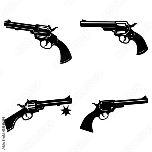 Four vintage revolvers isolated on white background with gunshot effect