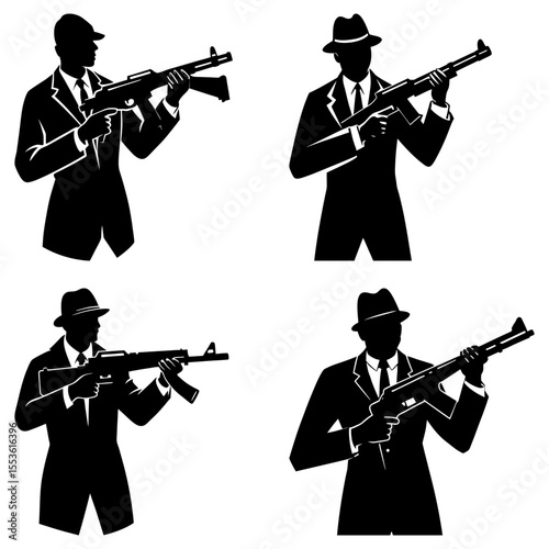 Silhouetted gangsters holding machine guns isolated on white background