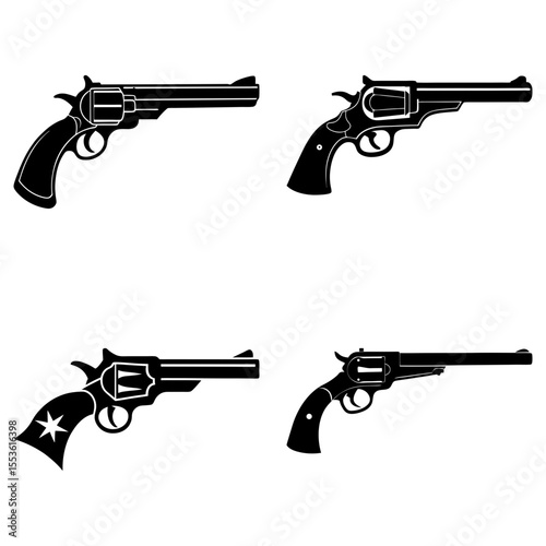 Four vintage revolvers isolated on white background with star design
