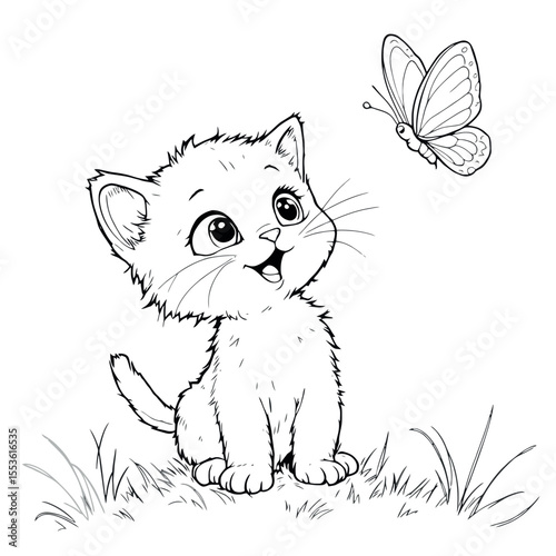 Adorable Kitten and Butterfly Line Art Coloring Page for Kids and Adults Simple Cute Animal Sketch for Easy Coloring Fun