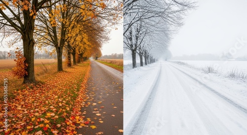Seasonal contrast: autumn leaves and winter snow on rural road