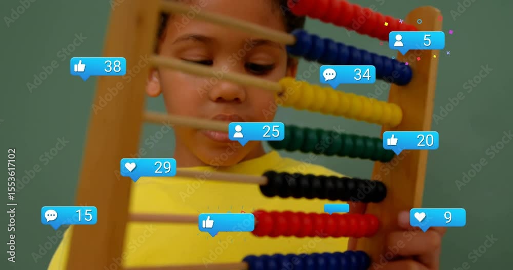 Boy sliding abacus beads generating animated social media icons tracking engagement growth