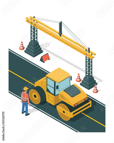 Isometric View of a Road Construction Site with Roller, Crane, and Worker Illustration