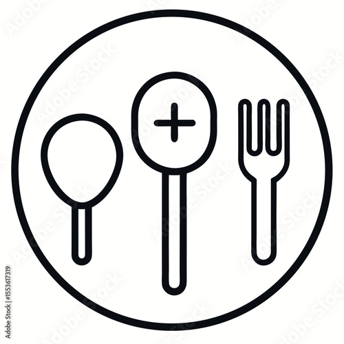 Line icon of a plate symbolizing a cafeteria or canteen. Perfect for food service signage, restaurant apps, meal plans, dining areas, and public facility indicators.