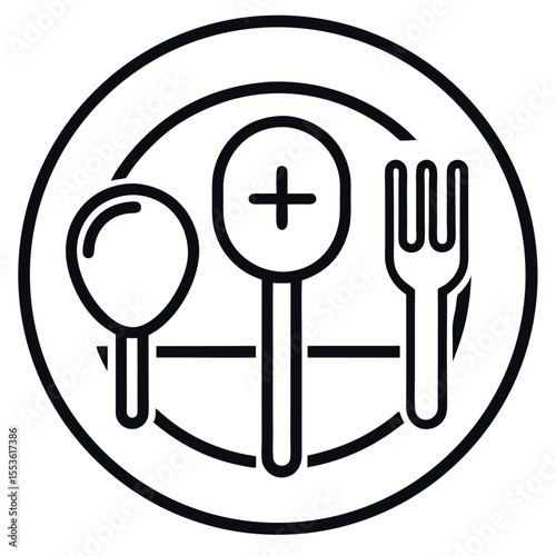 Line icon of a plate symbolizing a cafeteria or canteen. Perfect for food service signage, restaurant apps, meal plans, dining areas, and public facility indicators.