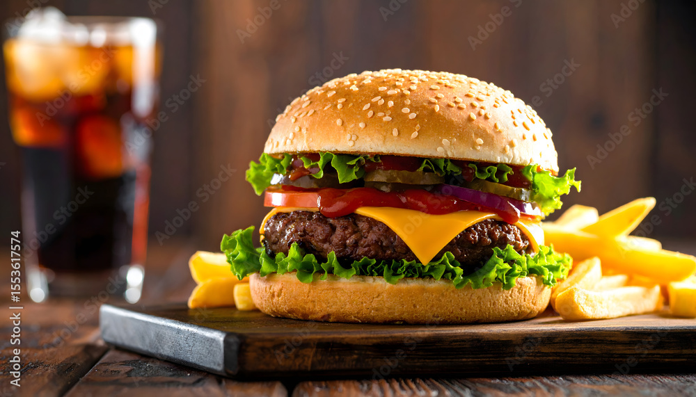 custom made wallpaper toronto digitalDelicious Burger with Fries and Drink: A mouthwatering burger with fresh ingredients like lettuce, tomato, and cheese sits beside a serving of crispy fries and a refreshing drink.