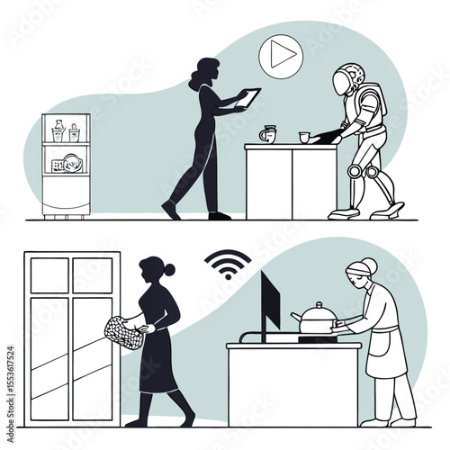 Illustrative depiction of women and a robot performing domestic tasks in a modern home setting in monochrome