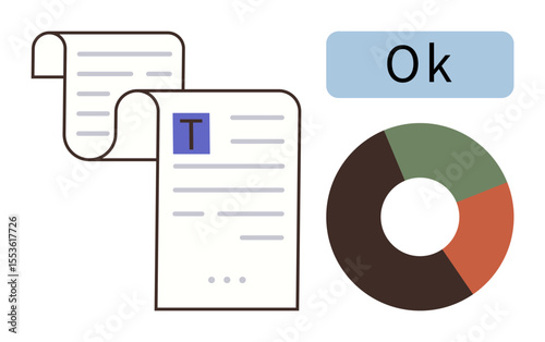 Documents with text, a pie chart showing data segments, and OK approval indicator. Ideal for workflow, data analysis, productivity, approval processes, decision-making, reporting simple flat