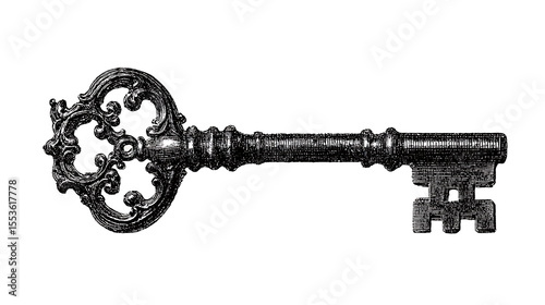 Illustration of an old-fashioned key in vintage stipple engraving style isolated on transparent background
