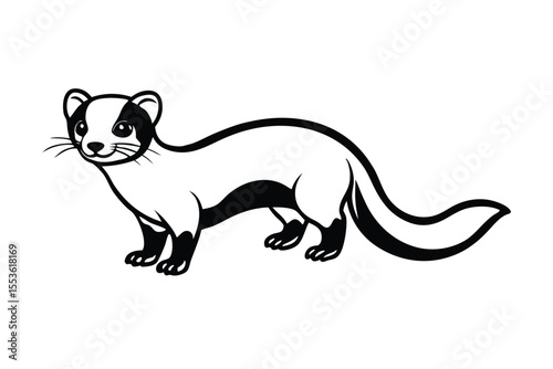 Black and white outlined skunk stands smiling, showcasing distinct markings and bushy tail elegantly