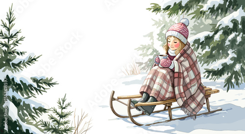 Girl drinking hot beverage on sled in snowy pine forest