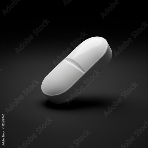 oblong white tablet angled on black background with soft shadow