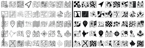 Navigational Icons: A comprehensive collection of sleek, minimalist icons, perfect for illustrating navigation, mapping, and location-based services. Showcasing a range of styles and functionalities.