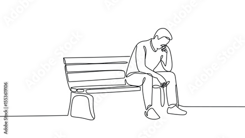 Solitary figure sitting on a park bench with head bowed in contemplation