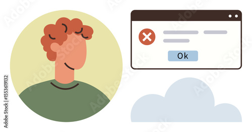 Person with curly red hair next to a browser error message and a minimal cloud shape. Ideal for error handling, digital learning, online feedback, cloud computing, user experience, emotion, system