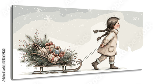 Girl pulling sled with Christmas gifts in snowy landscape