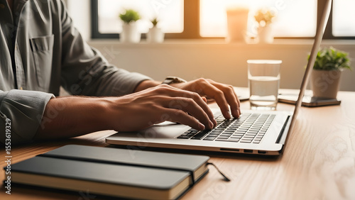 Typing on a laptop in a bright office, working on a project with a notebook.
