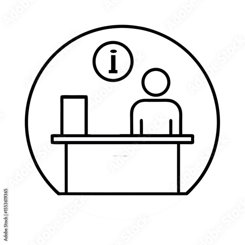Vector line art icon of an information desk with an "i" symbol. Ideal for public signage, service counters, help desks, maps, and customer assistance interfaces.