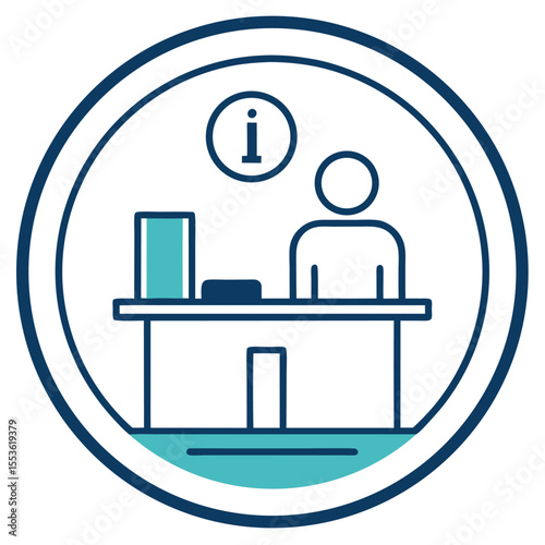 Vector line art icon of an information desk with an "i" symbol. Ideal for public signage, service counters, help desks, maps, and customer assistance interfaces.