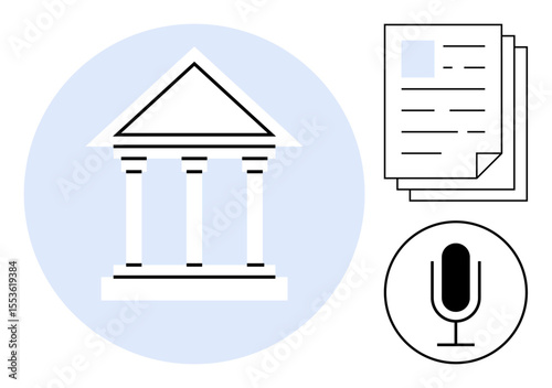 Government building outline, stacked documents, microphone circle. Ideal for law, policy, education, governance, corporate affairs information communication. Simple landing page
