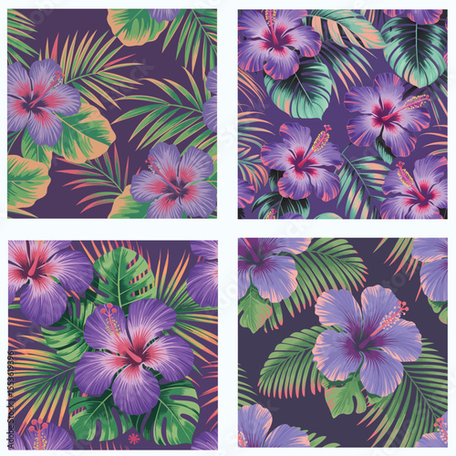 Tropical Hibiscus Palm Seamless Pattern, artistic vector design with purple hibiscus flowers, green palm leaves, coral pink highlights, gradient texture, weathered foliage effect, exotic background