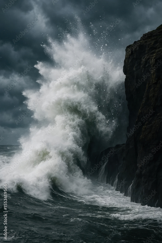 Obraz premium Dramatic illustration of a powerful ocean wave crashing against dark, rugged cliffs under a turbulent, stormy sky, symbolizing raw strength and untamed natural force.