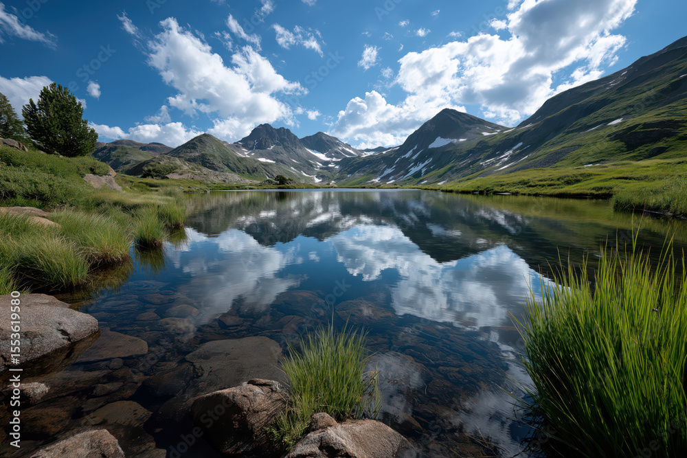 Fototapeta premium a high-altitude alpine lake reflecting snowy mountain peaks, intense blue sky with cumulus clouds, vibrant greens and icy tones.