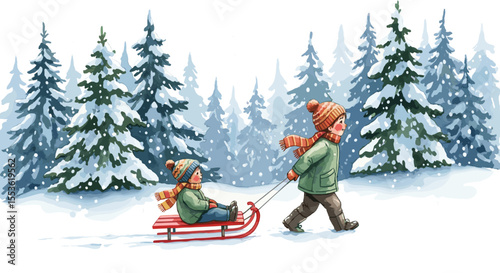 Parent pulling child on red sled through snowy forest