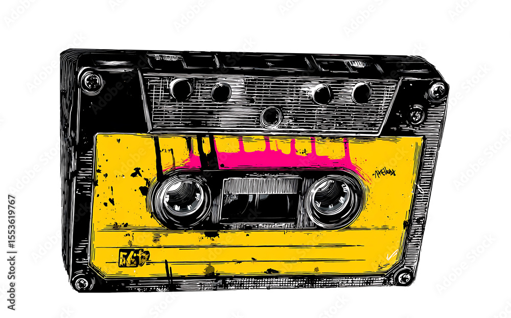 Fototapeta premium Retro cassette tape graphic in graffiti stencil style with dripping paint effect.png