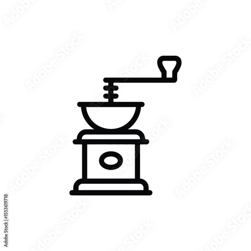 Simple line art icon of a vintage manual coffee grinder on a white background