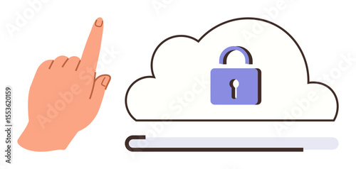 Hand gesture interacts with cloud storage illustration, emphasizing data privacy, secure online access, cybersecurity, login protocol, authentication, cloud computing, simple flat metaphor